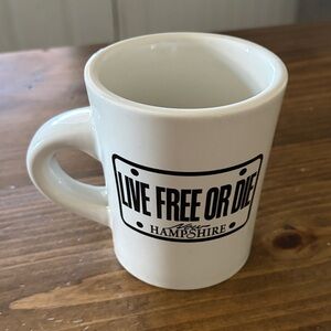 BOGO White Ceramic Mug with 'Live Free or Die' Design